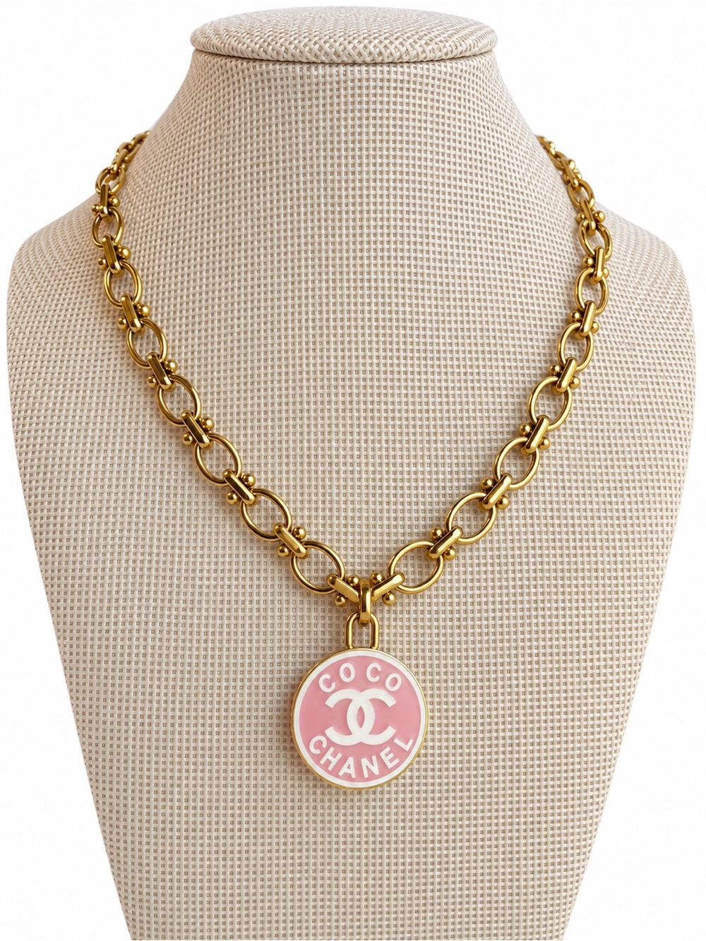 CHANEL Gold Chain Necklace with Pink Round CC Medallion